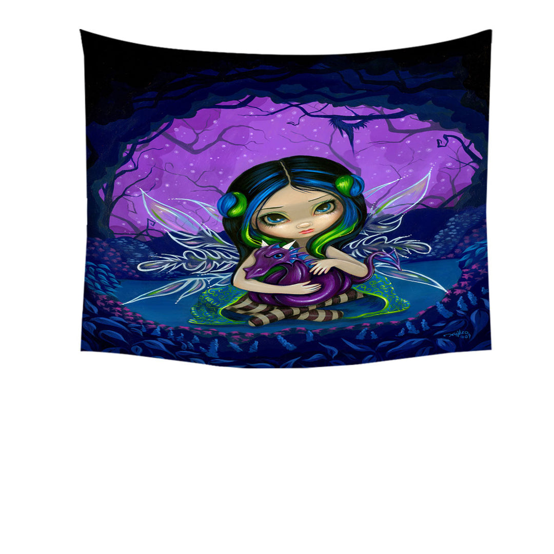 Cute Wall Art Prints Fairy in the Purple Moonlit Dragonling Garden