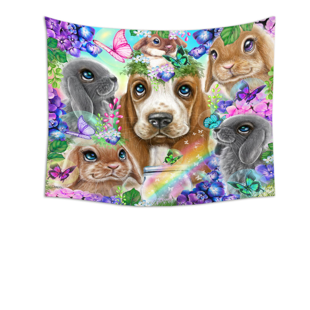 Cute Wall Decor Basset Hound Bunnies and Butterflies Tapestry