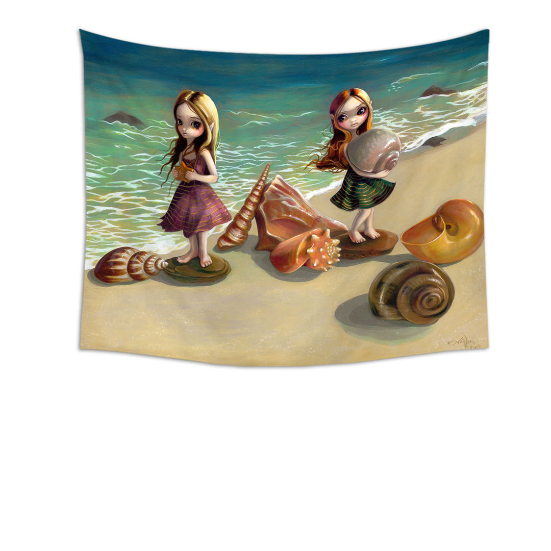 Cute Wall Decor Fantasy Girls Collecting Shells By the Seaside Tapestry