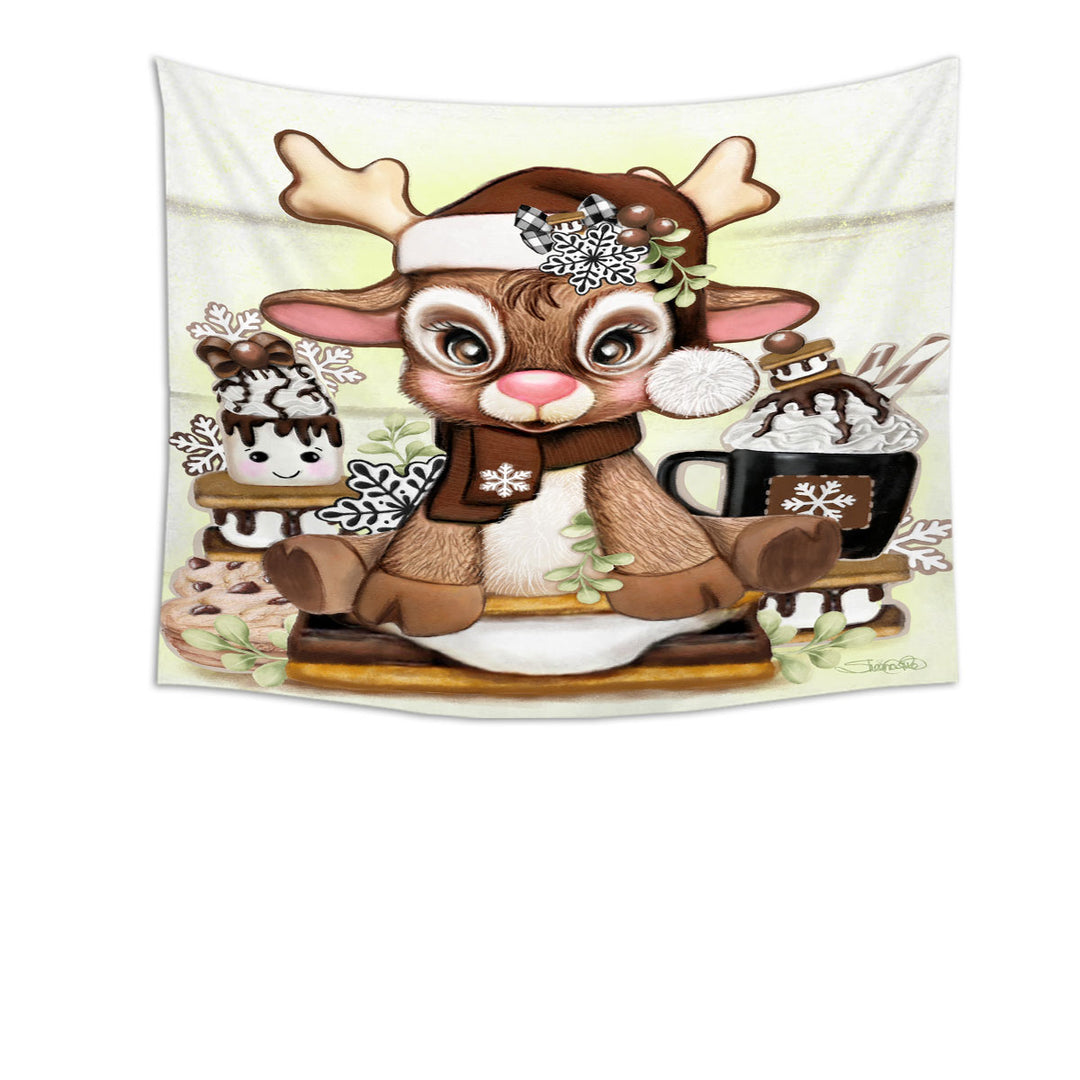 Cute Wall Decor Hot Chocolate and Smores Reindeer Tapestry