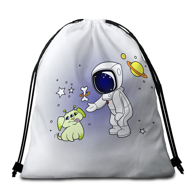 Cute and Funny Beach Bags and Towels with Astronaut and Alien Dog