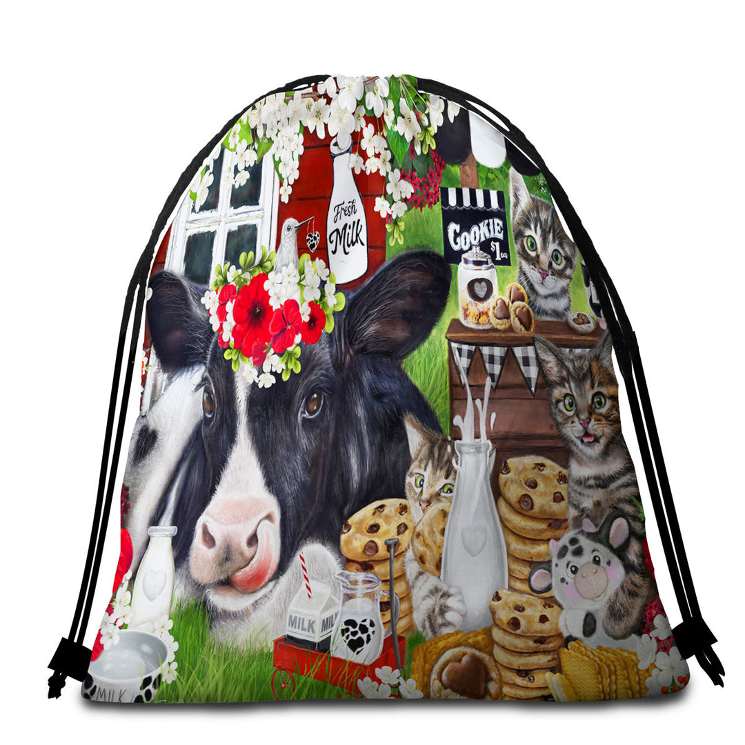 Cute and Funny Beach Towel Bags with Cookies Milk Cow and Kitties