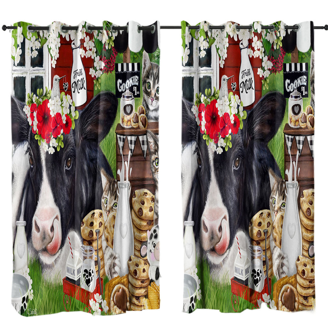 Cute and Funny Cookies Milk Cow and Kitties Curtains for Bedroom