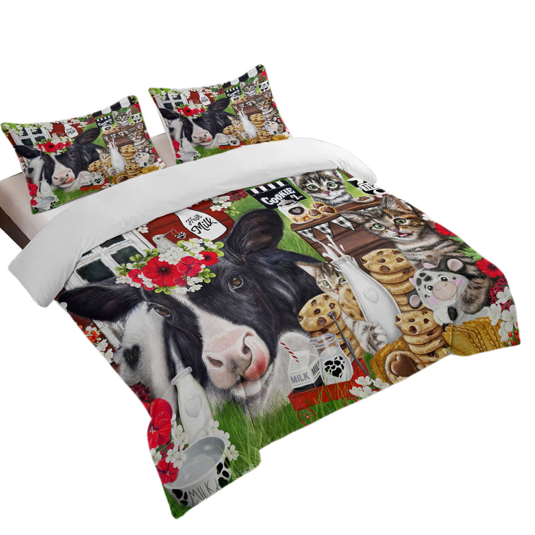 Cute and Funny Cookies Milk Cow and Kitties Duvet Cover Queen