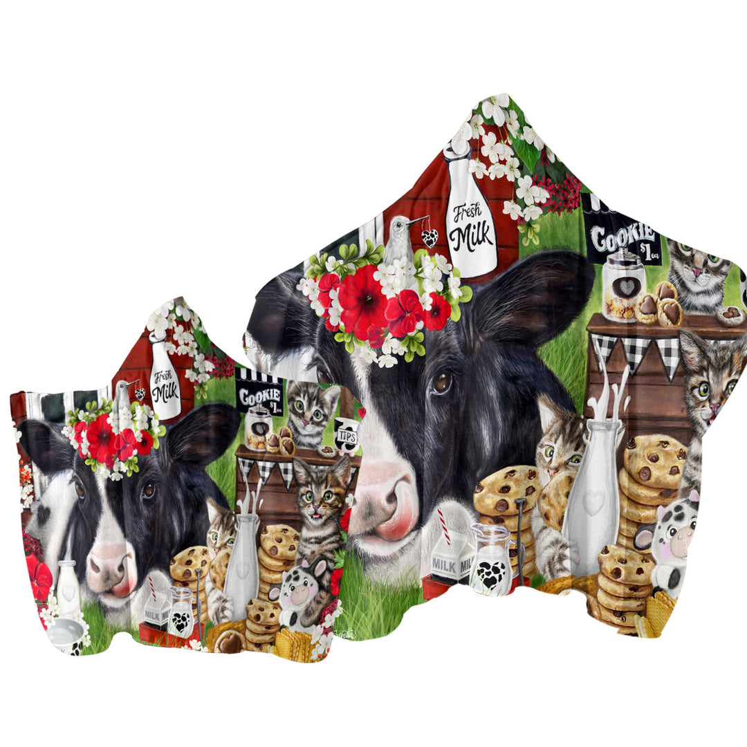 Cute and Funny Cookies Milk Cow and Kitties Hooded Beach Towel