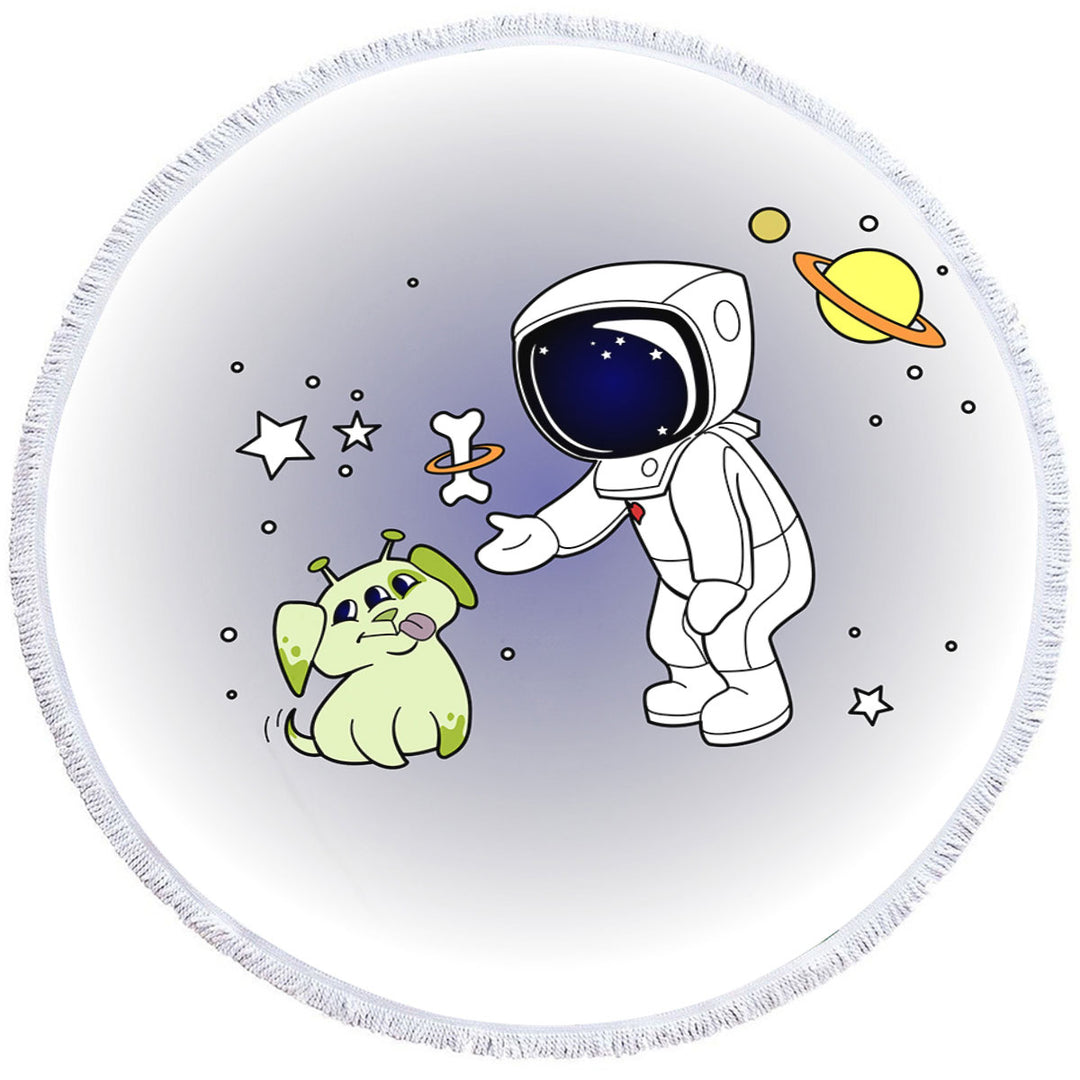 Cute and Funny Round Beach Towel with Astronaut and Alien Dog