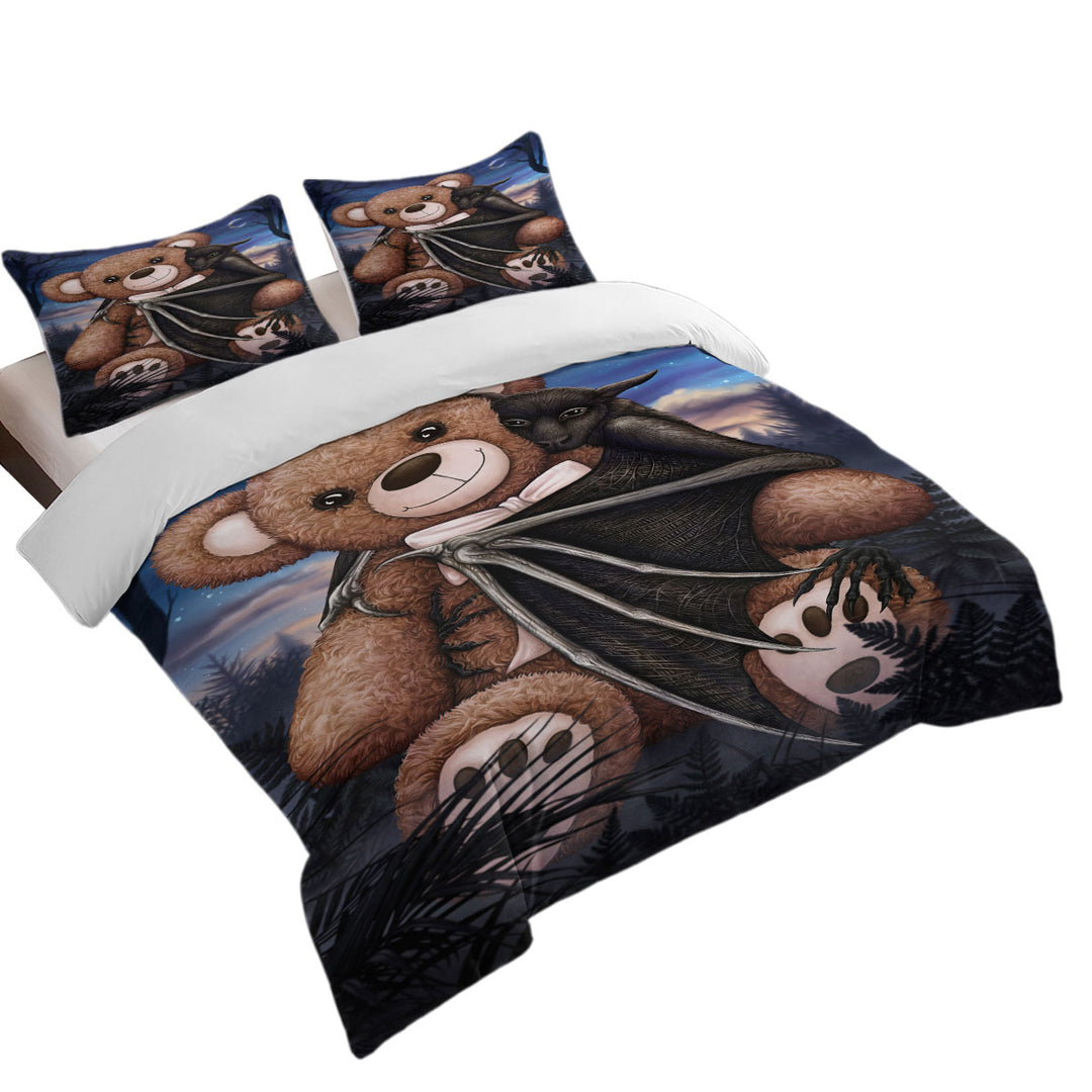 Cute and Scary Bedtime Teddy Bear and Bat Coverlet