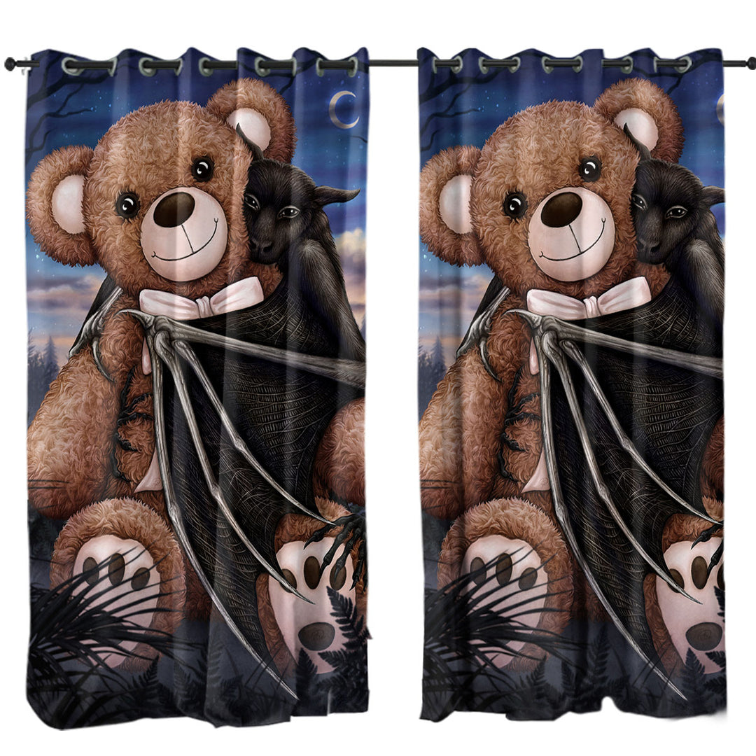 Cute and Scary Bedtime Teddy Bear and Bat Drapes and Curtains