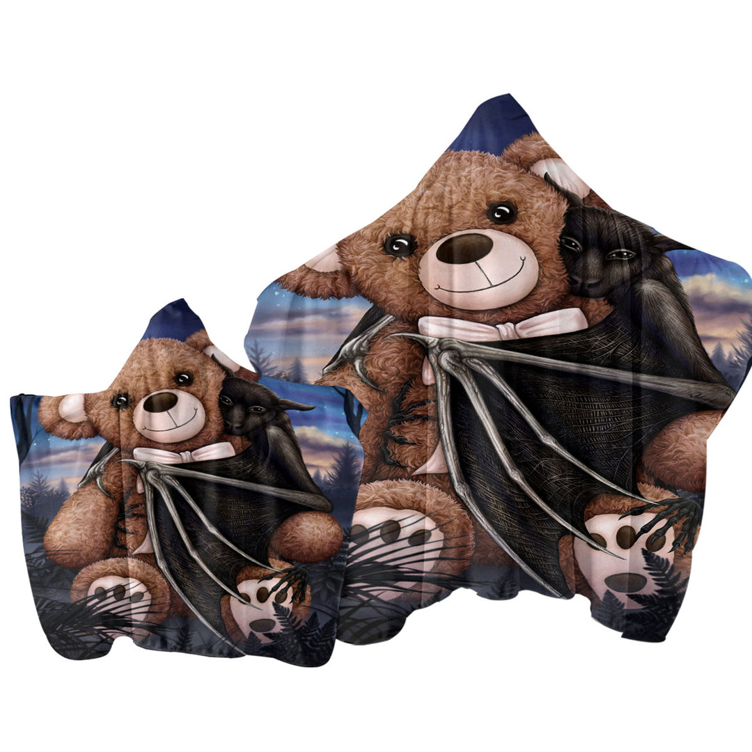 Cute and Scary Bedtime Teddy Bear and Bat Hooded Beach Towel