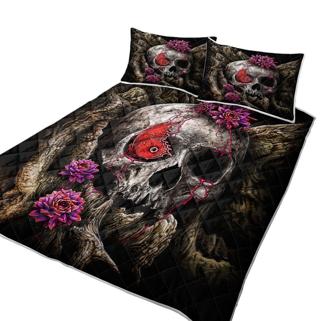 Dark Art A Glance of Evanescence Red Butterfly and Skull Quilts for Beds