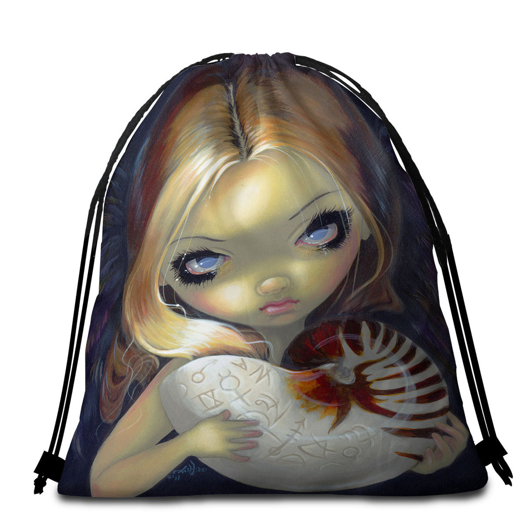 Dark Art Alchemical Angel and Sea Snail Shell Beach Towel Bags