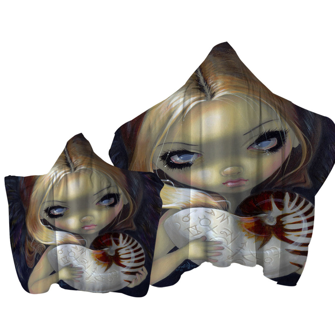 Dark Art Alchemical Angel and Sea Snail Shell Hooded Beach Towel