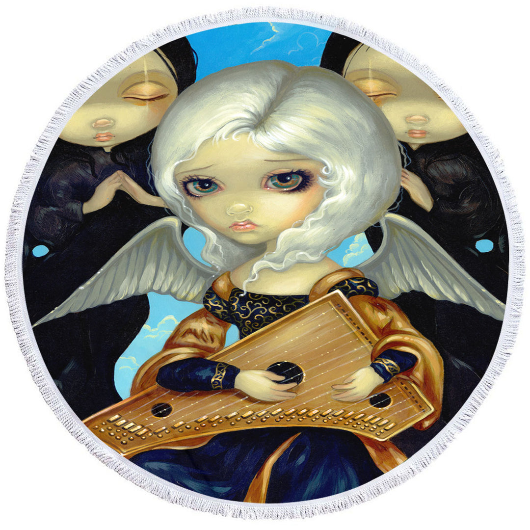 Dark Art Angel with a Psaltery Round Beach Towel