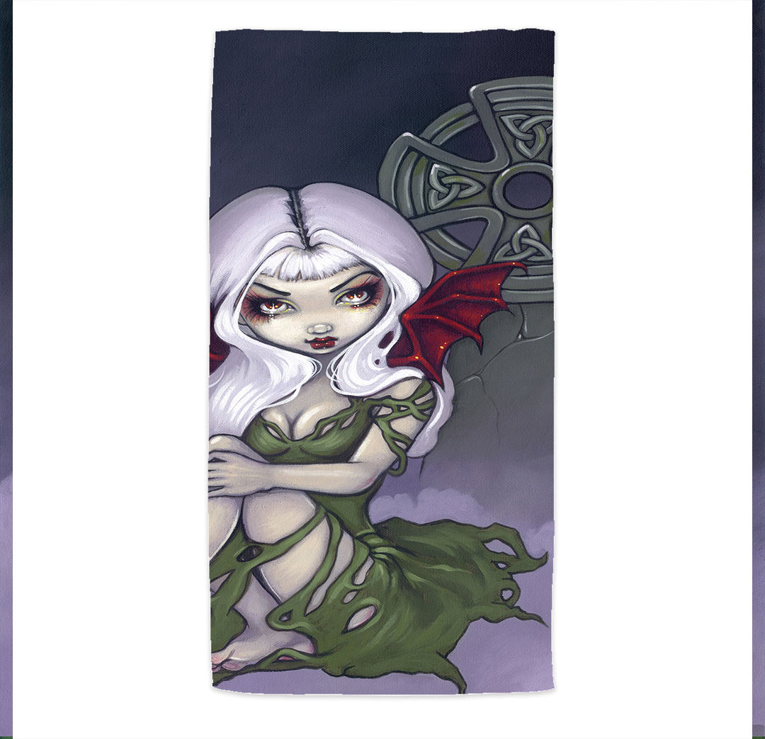 Dark Art Cemetery Mist Vampire Fairy and Celtic Cross Beach Towel