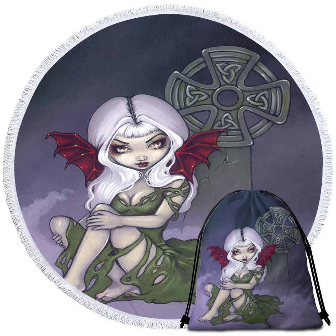 Dark Art Cemetery Mist Vampire Fairy and Celtic Cross Circle Beach Towel