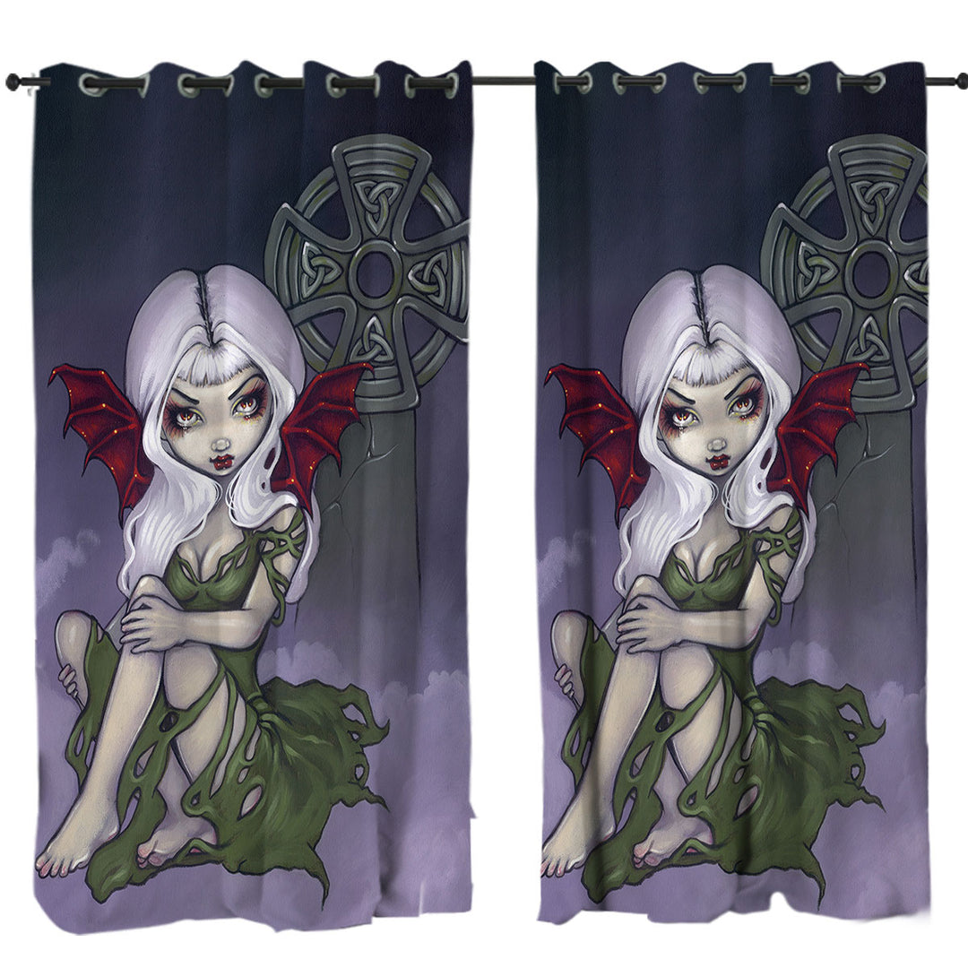 Dark Art Cemetery Mist Vampire Fairy and Celtic Cross Curtains for Living Room