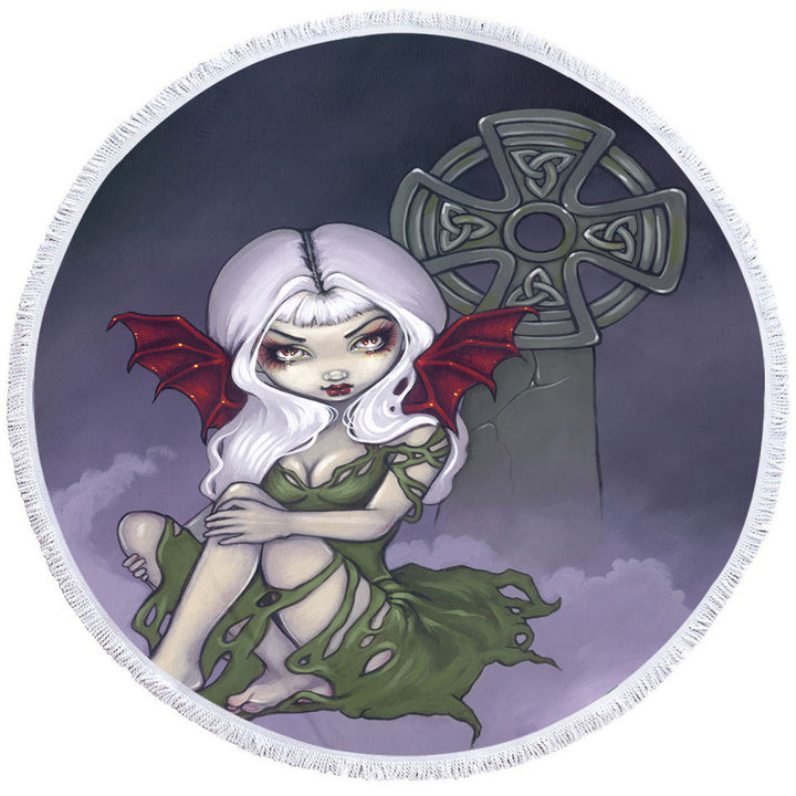 Dark Art Cemetery Mist Vampire Fairy and Celtic Cross Round Beach Towel