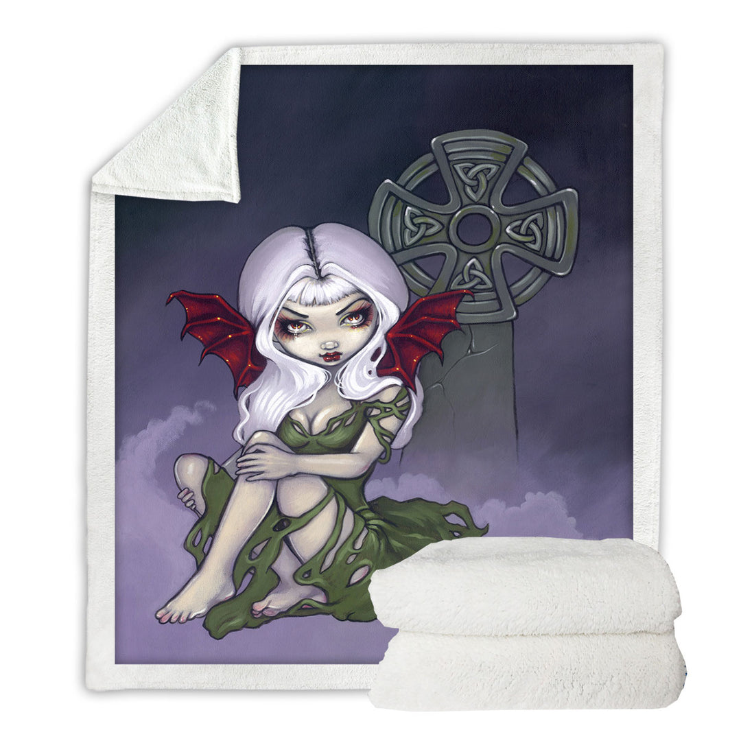 Dark Art Cemetery Mist Vampire Fairy and Celtic Cross Throw Blanket