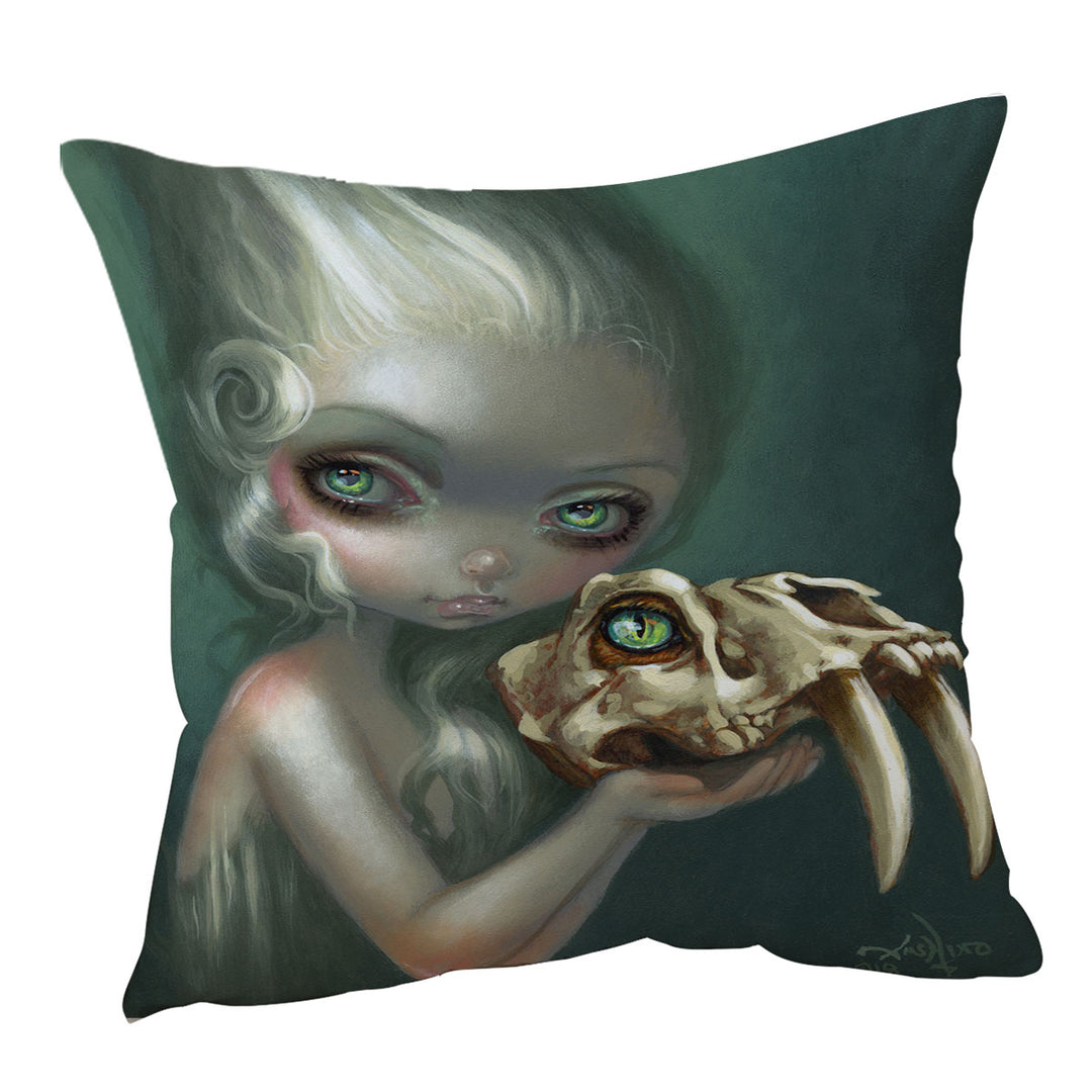 Dark Art Cushion Covers Girl Holds Resurrected Saber Toothed Cat