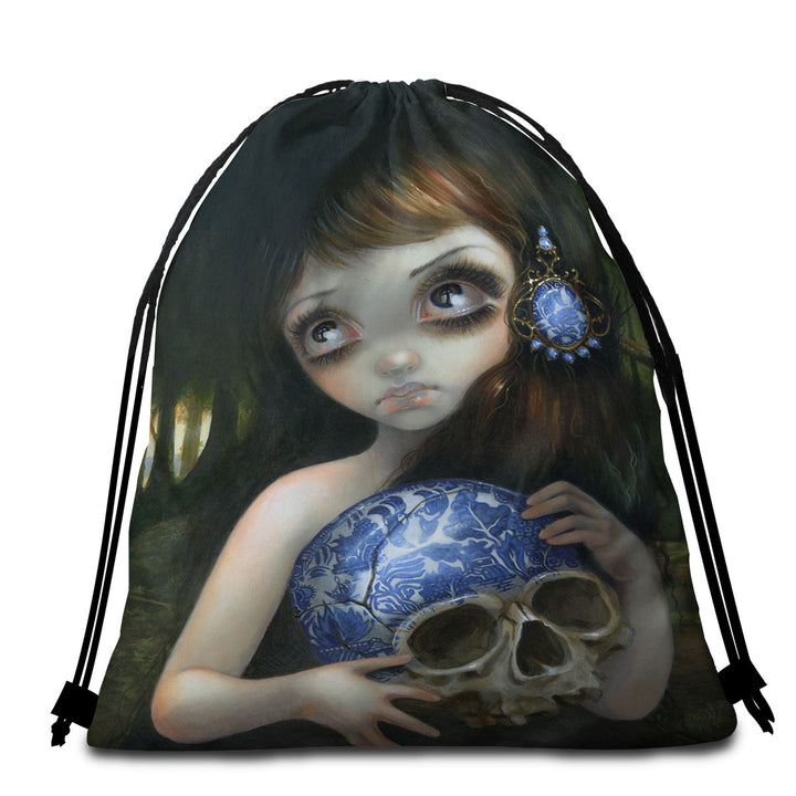 Dark Art Girl Beach Towels and Bags Set with Porcelain Blue Willow Skull