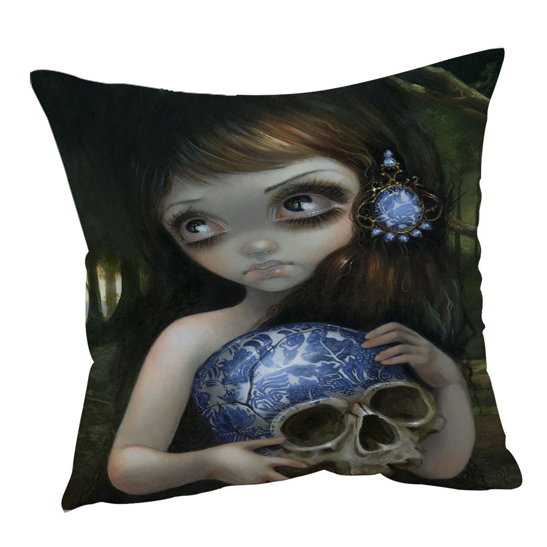 Dark Art Girl Cushion Cover with Porcelain Blue Willow Skull