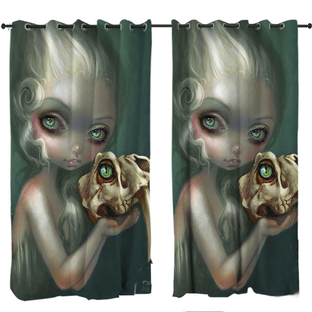 Dark Art Girl Holds Resurrected Saber Toothed Cat Curtains for Bedroom