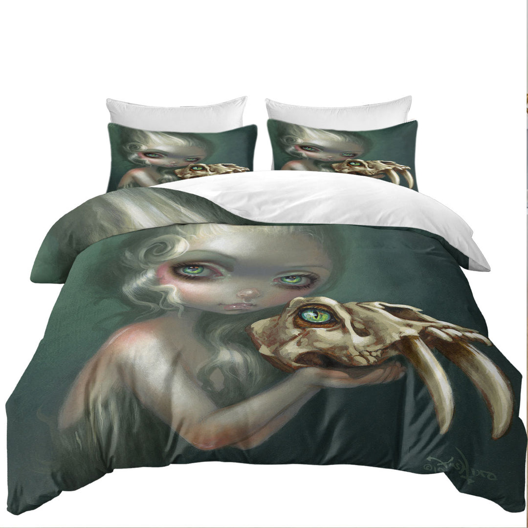 Dark Art Girl Holds Resurrected Saber Toothed Cat King Duvet Cover set