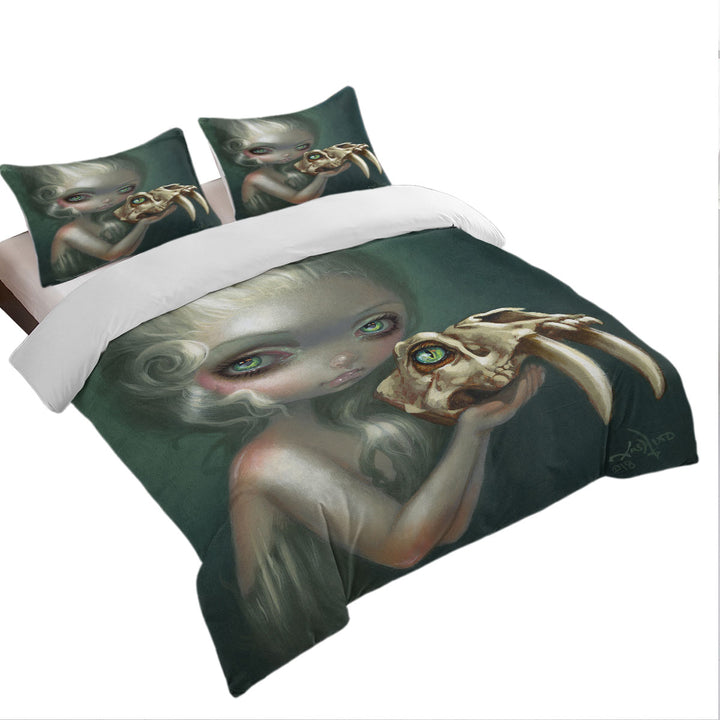 Dark Art Girl Holds Resurrected Saber Toothed Cat full Size Duvet Cover