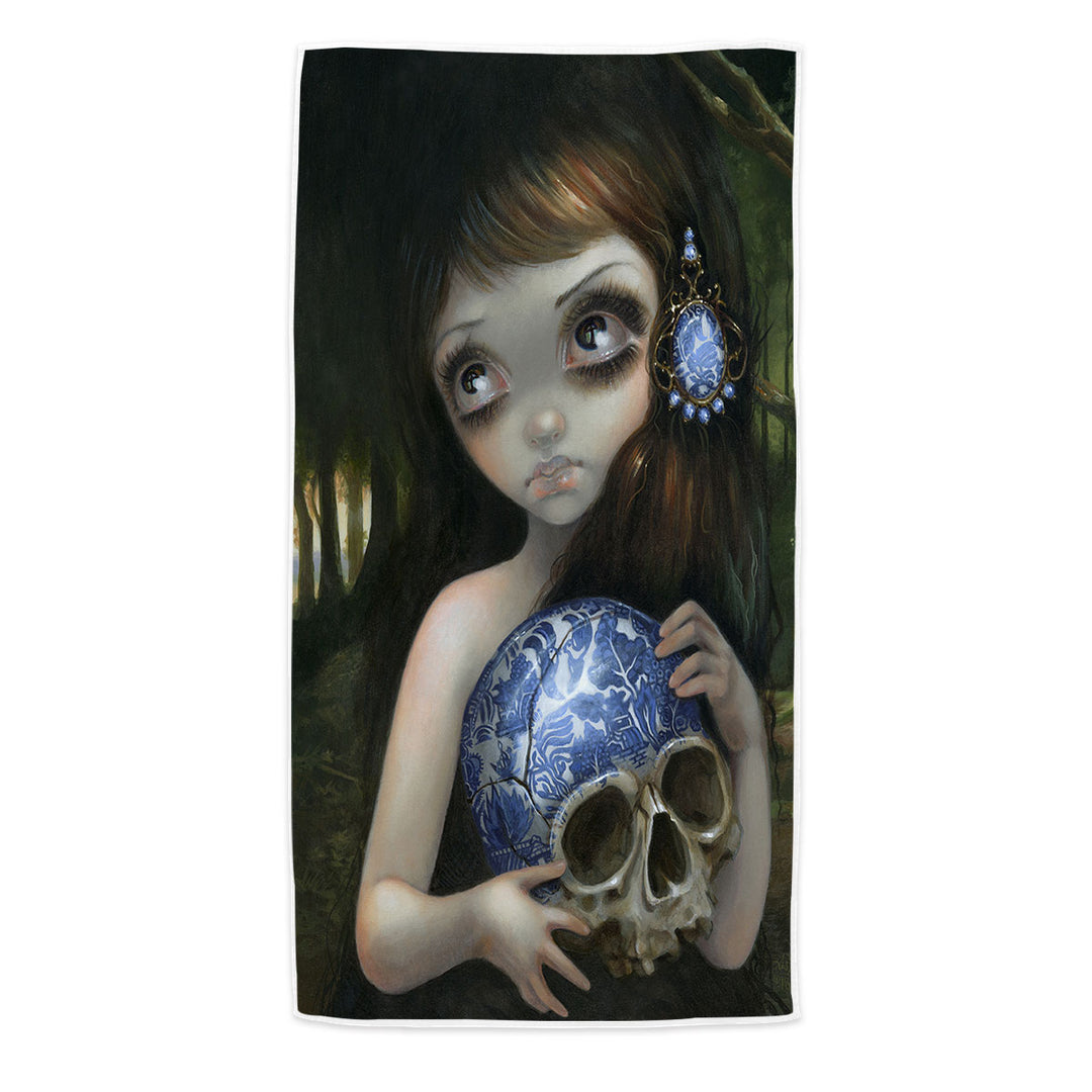 Dark Art Girl Pool Towels with Porcelain Blue Willow Skull