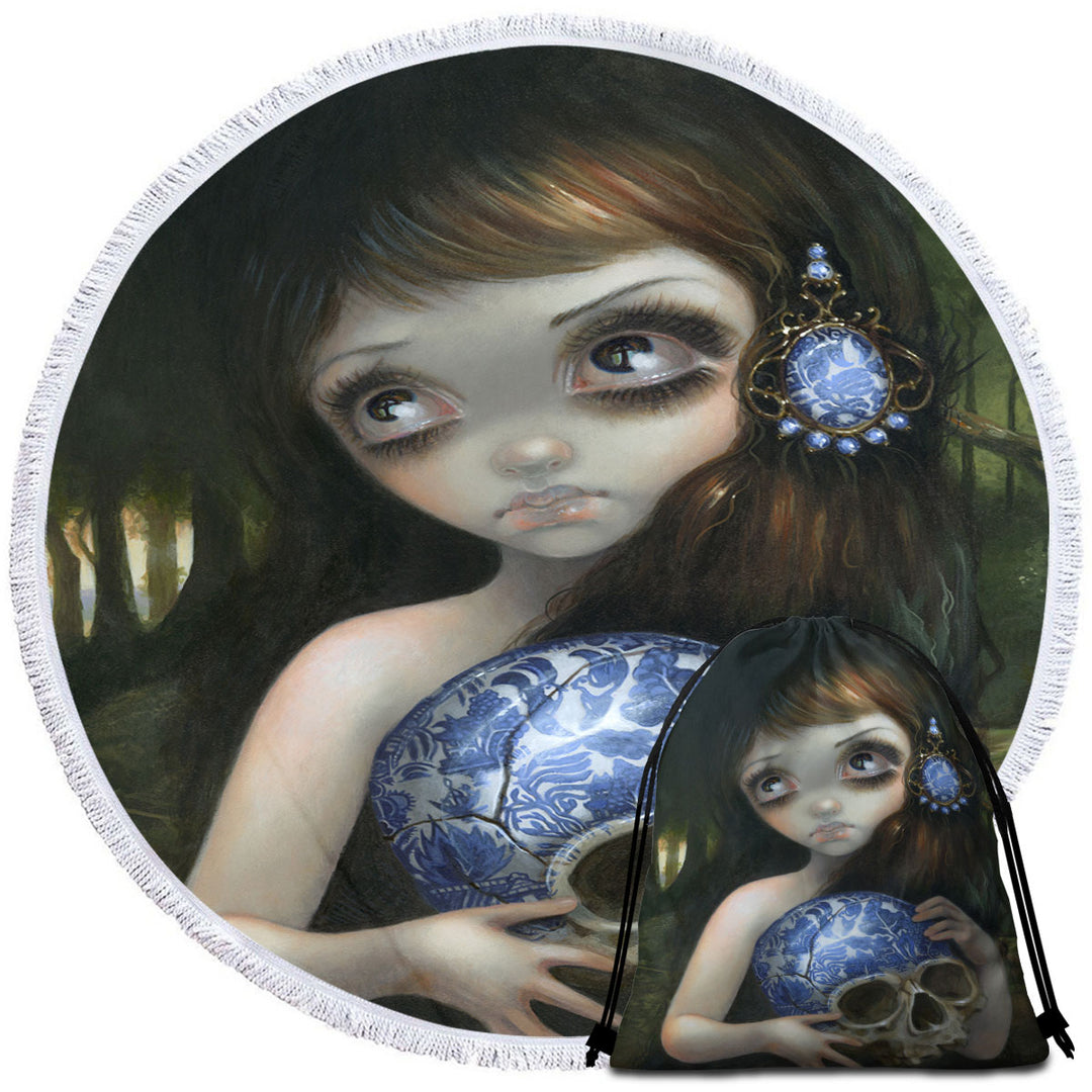 Dark Art Girl Round Beach Towel with Porcelain Blue Willow Skull