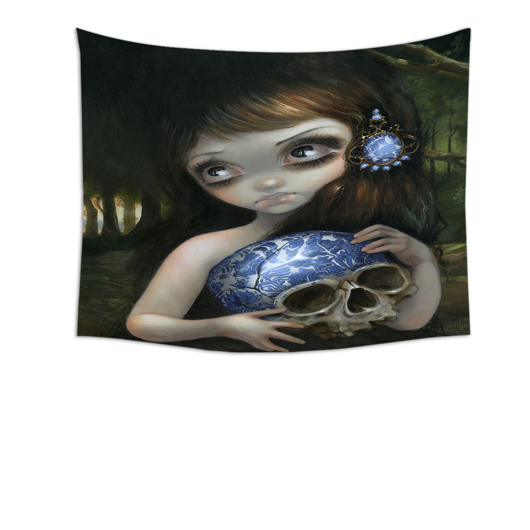 Dark Art Girl Tapestry with Porcelain Blue Willow Skull Wall Decor