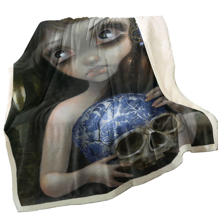 Dark Art Girl Throw Blanket with Porcelain Blue Willow Skull