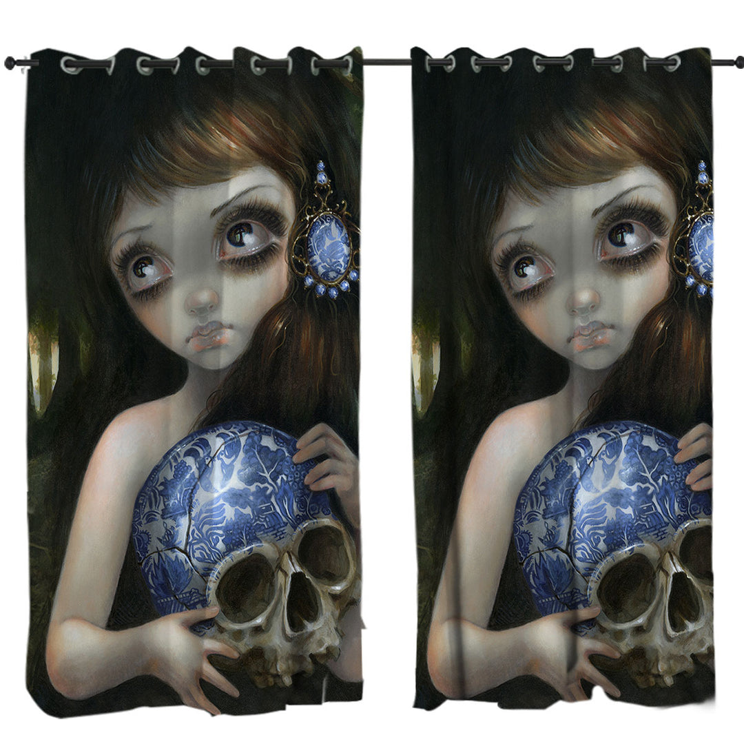 Dark Art Girl with Porcelain Blue Willow Skull Curtain