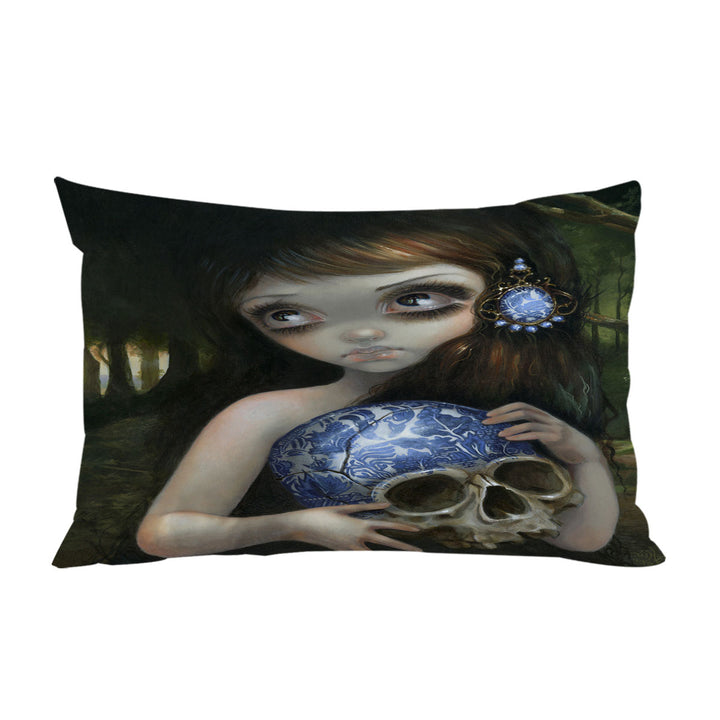 Dark Art Girl with Porcelain Blue Willow Skull Custom Pillow Cases