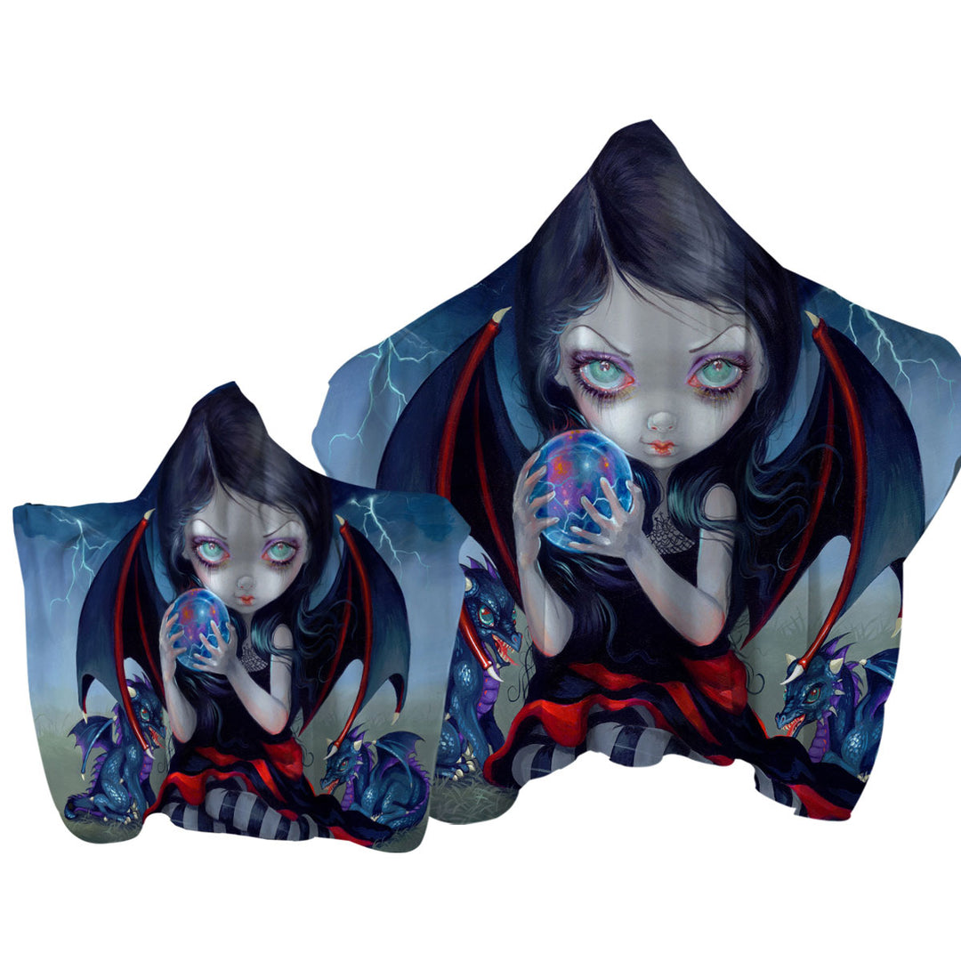 Dark Art Gothic Dragon Fairy and Dark Dragonling Hooded Beach Towel