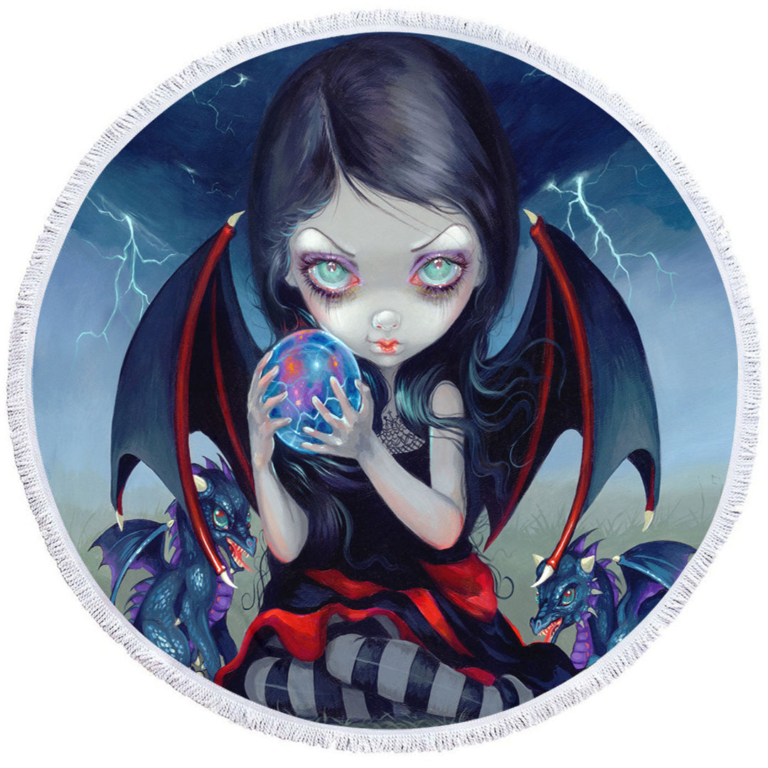 Dark Art Gothic Round Beach Towel Dragon Fairy and Dark Dragonling