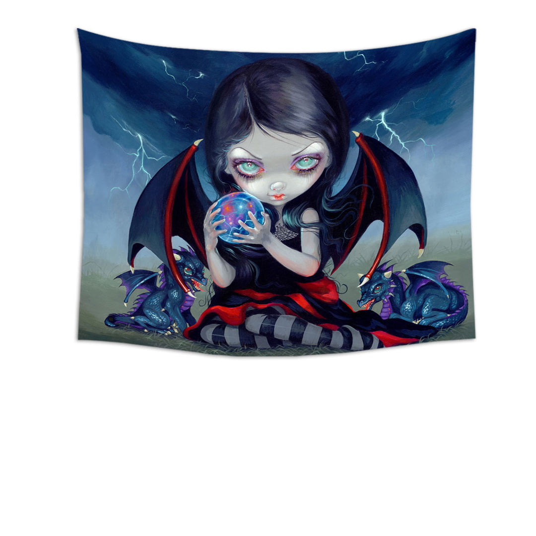 Dark Art Gothic Tapestry Dragon Fairy and Dark Dragonling Wall Decor