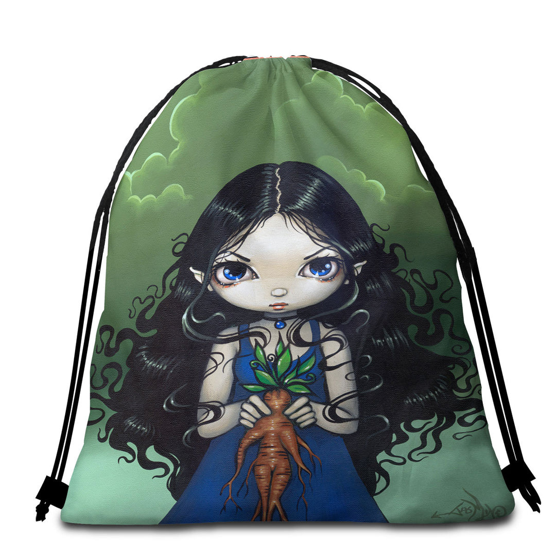 Dark Art Gothic Vibes Girl with Mandrake Root Beach Towel Bags