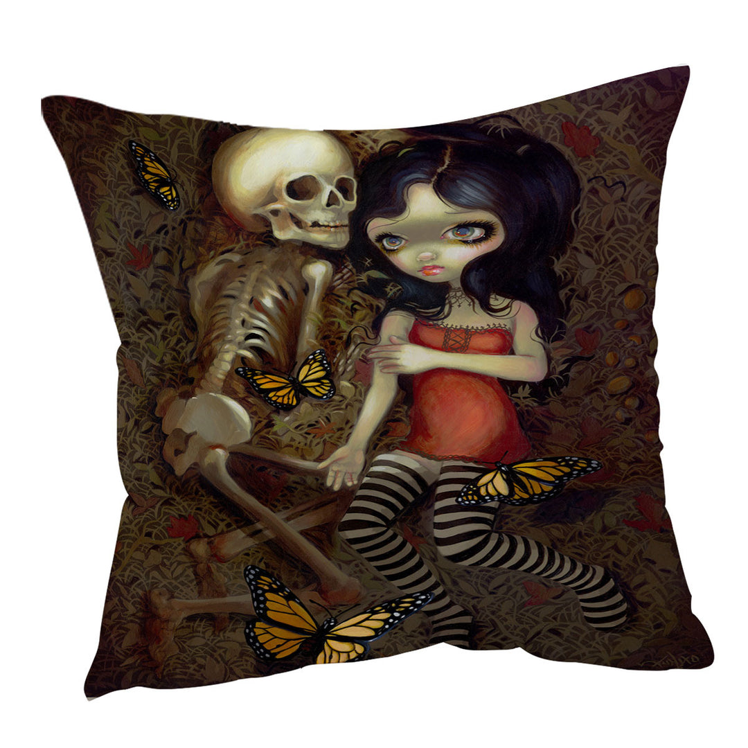 Dark Art I_m Almost With You Girl and Skeleton Decorative Throw Pillow Cover