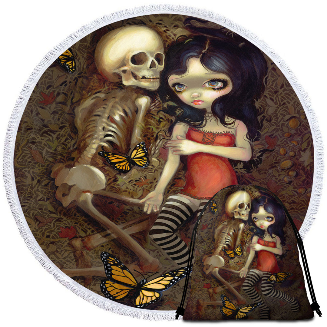 Dark Art I_m Almost With You Girl and Skeleton Round Beach Towel