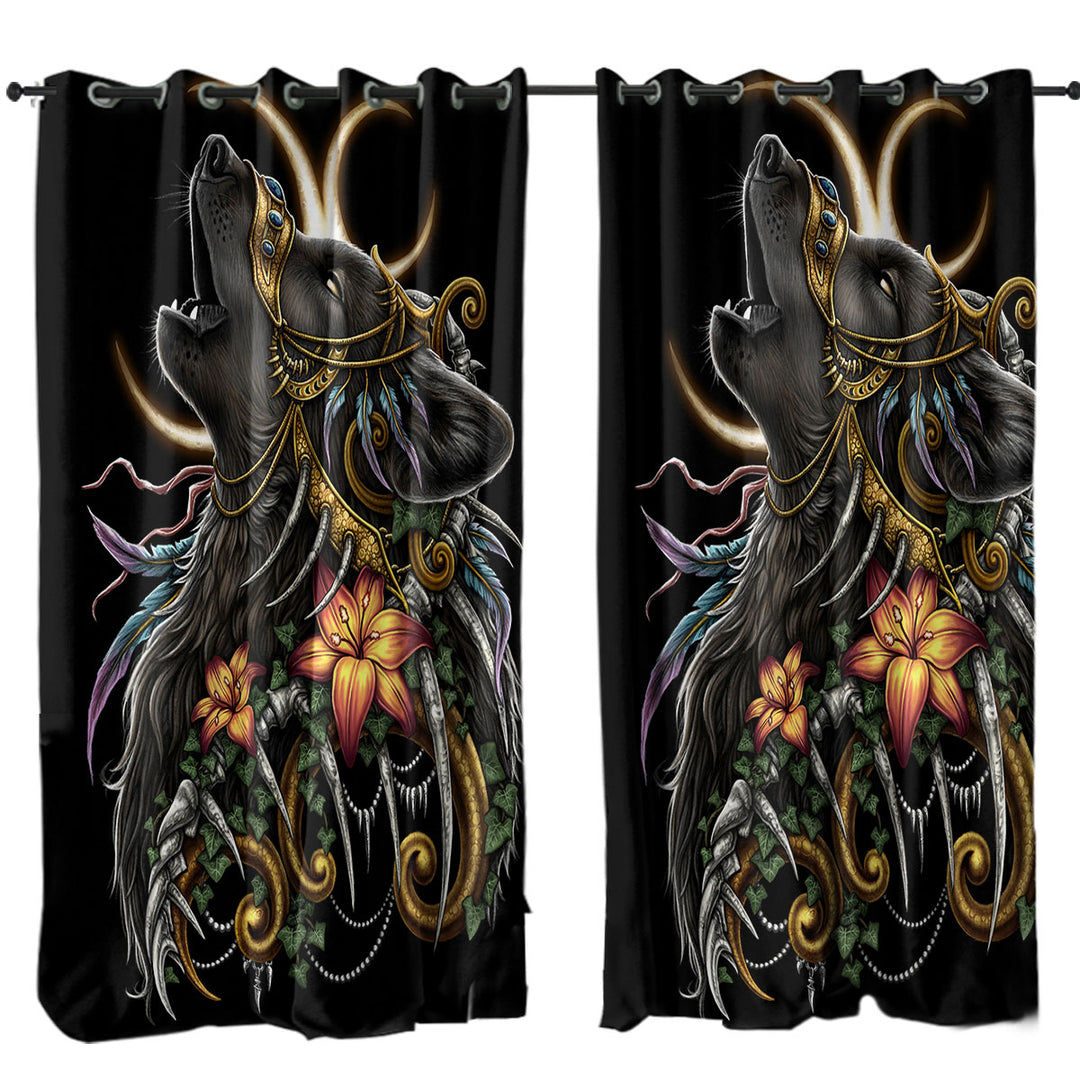 Dark Art Lilies and Howling Wolf Curtains for Living Room