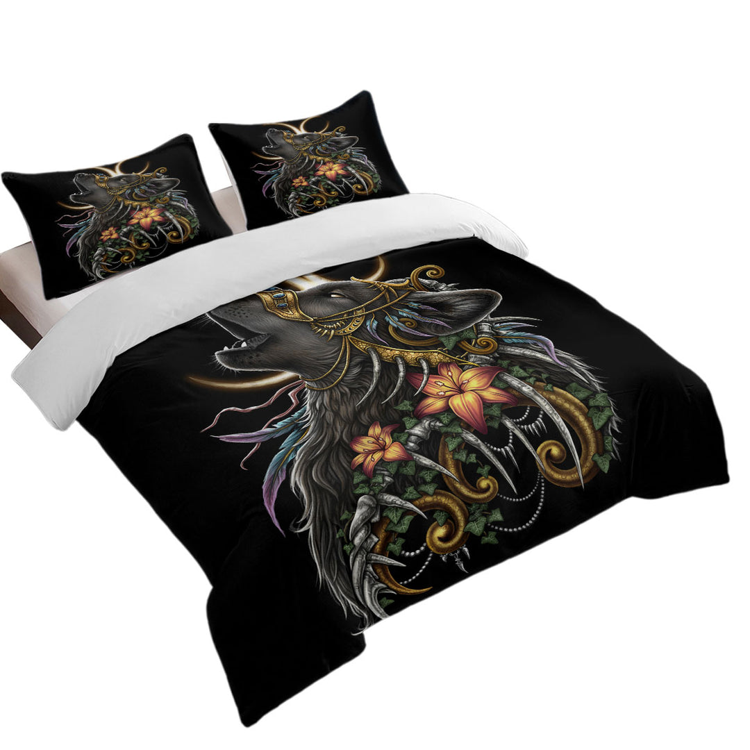 Dark Art Lilies and Howling Wolf Duvet Cover