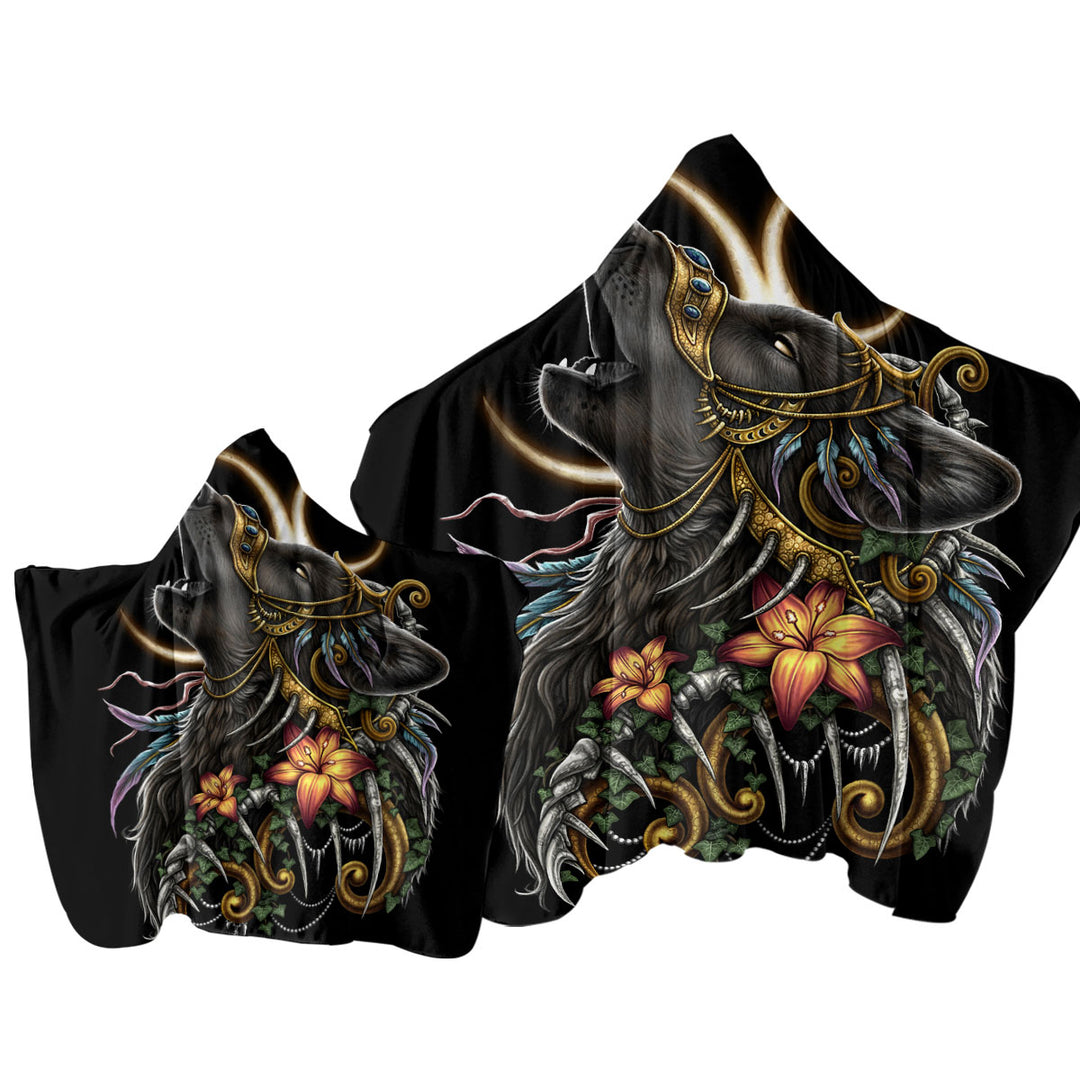 Dark Art Lilies and Howling Wolf Towel Hoodie