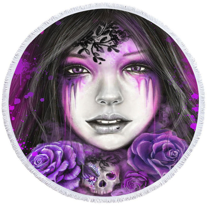 Dark Art Purple Roses Beautiful Gothic Girl Circle Beach Towel