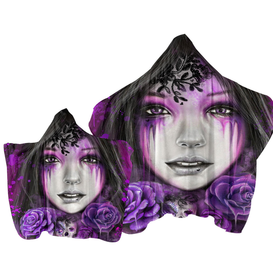 Dark Art Purple Roses Beautiful Gothic Girl Hooded Beach Towel