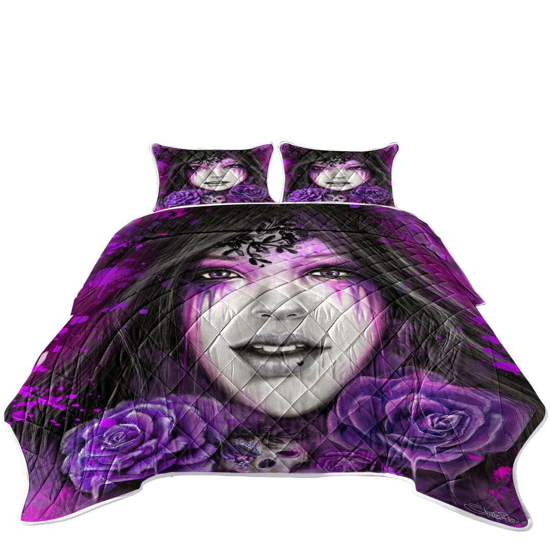 Dark Art Purple Roses Beautiful Gothic Girl Quilts for sale