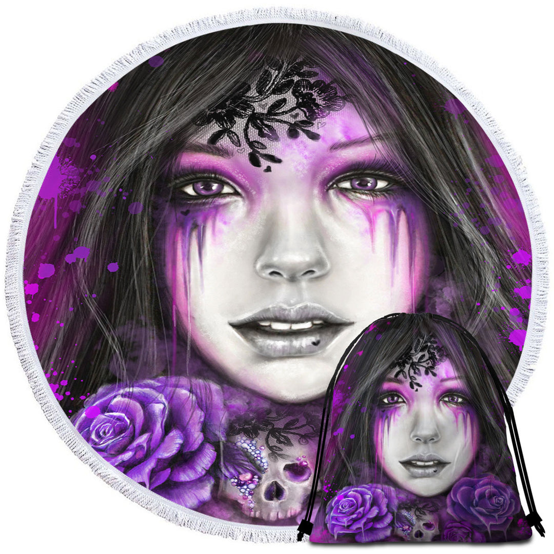 Dark Art Purple Roses Beautiful Gothic Girl Round Beach Towel