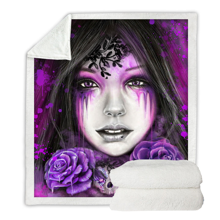 Dark Art Purple Roses Beautiful Gothic Girl Throw Blanket