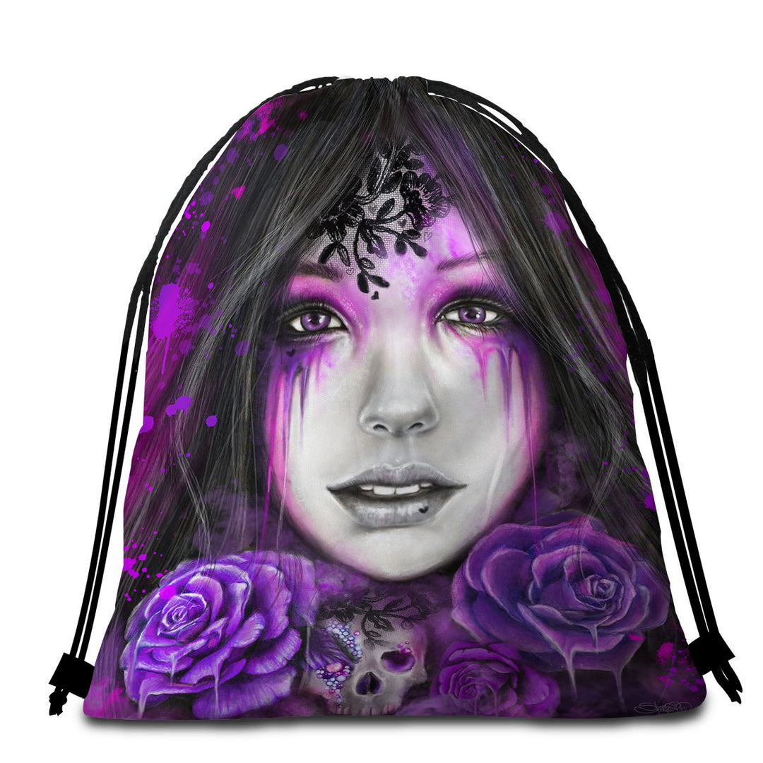 Dark Art Purple Roses Beautiful Gothic Girl Travel Beach Towel