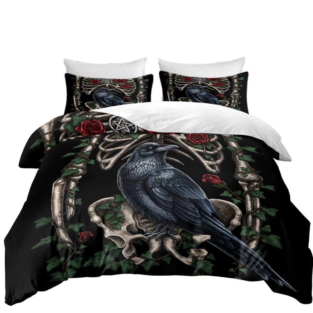 Dark Art Roses Human Skeleton and Crow Coverlet